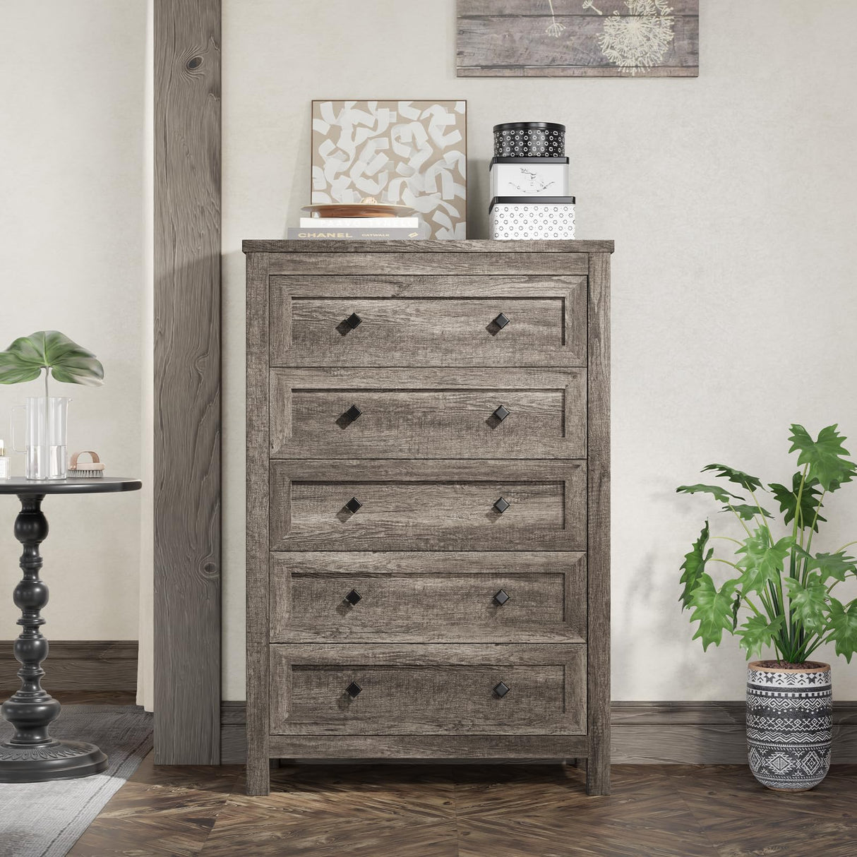 AMERLIFE 5 Drawers Dresser for Bedroom, Farmhouse Wooden 47" Tall Dresser for Closet, Natural Texture Chest of Drawers for Bedroom, Living Room, Hallway and Entryway, Rustic Grey AMERLIFE