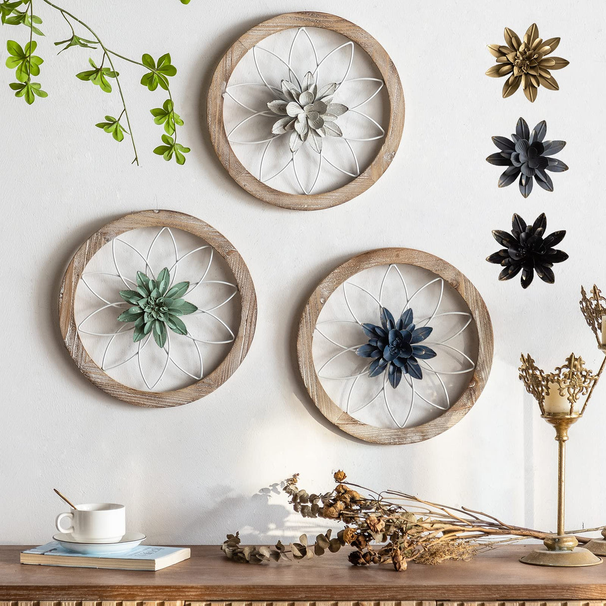 Paquesta 3 Piece Round Farmhouse Wall Decor with 6 Piece Interchangeable Flowers 12'' Medallion Wood & Metal Rustic Wall Art for Living Room Bedroom Kitchen Bathroom Dining Room Home Decorations Paquesta