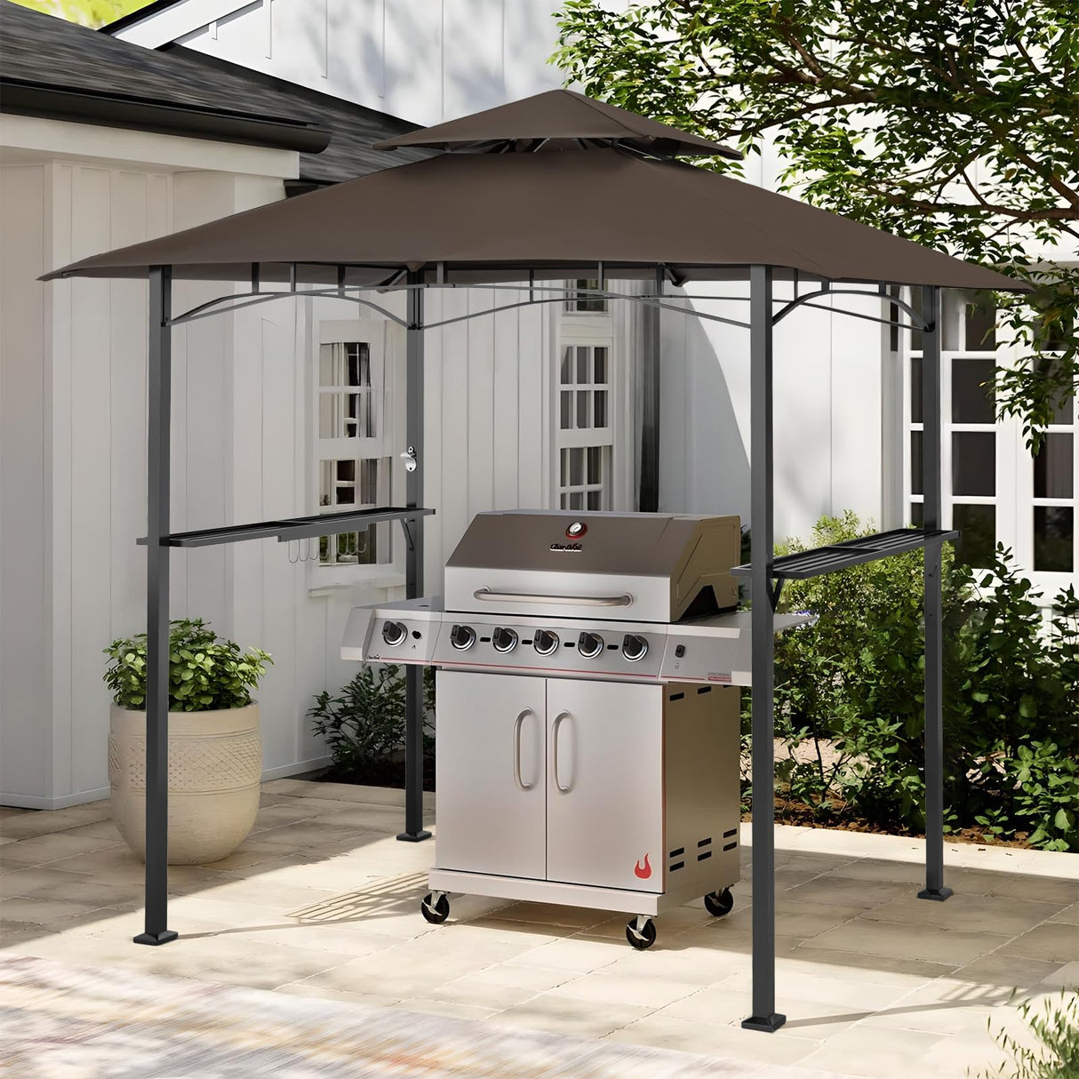 Patiomore Grill Gazebo Canopy, 8'x 5'Outdoor Double Tiered BBQ Gazebo Canopy Tent w/Air Vent, Tent Hardtop Sun Shade Shelter for Outdoor Patio, Backyard, Deck (Brown) Patiomore