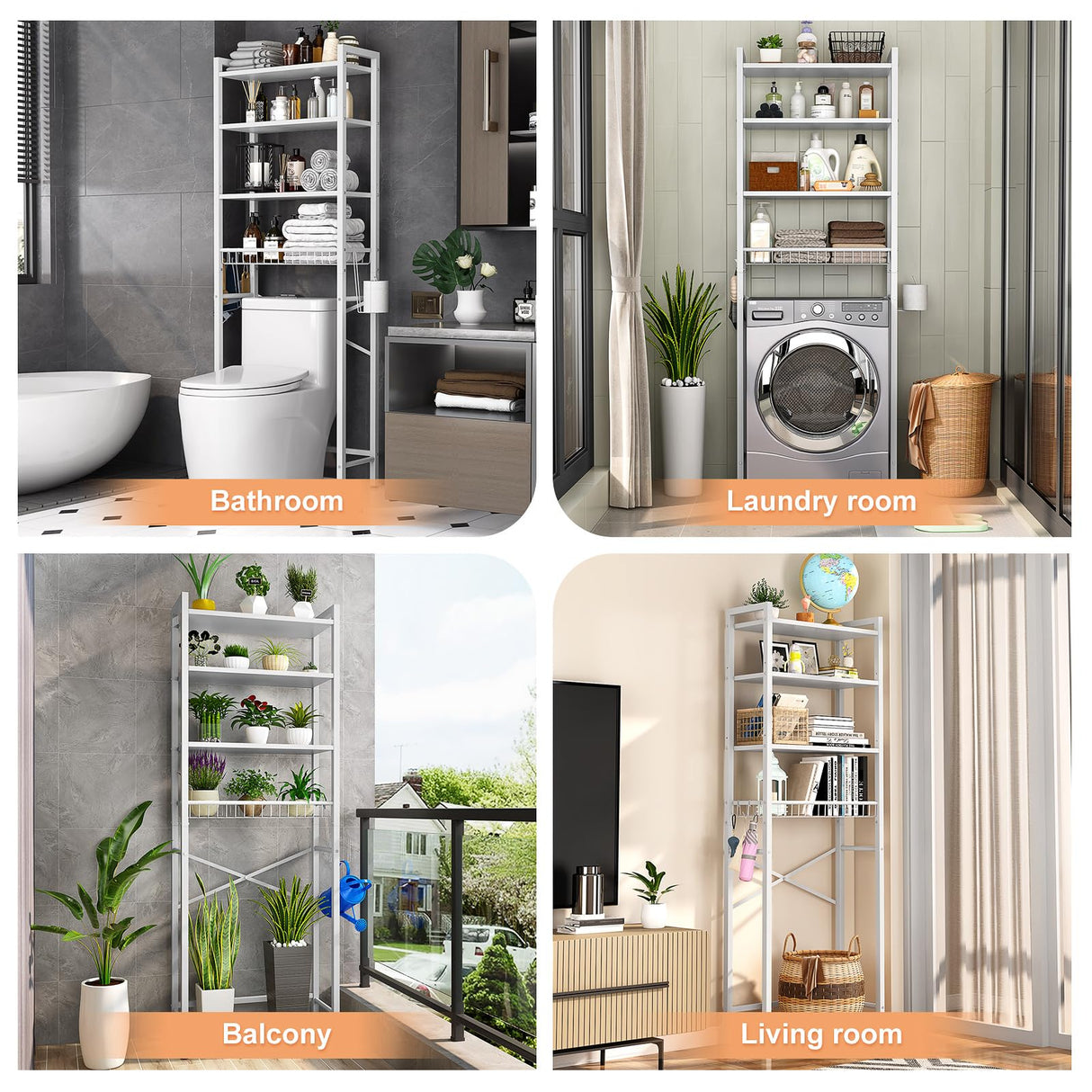 Kalrin Over-The-Toilet Storage Rack, 4-Tier Bathroom Organizer Shelf Over Toilet with Adjustable Shelf and Basket, Freestanding Space Saver Bathroom Shelves Above Toilet for Room (Pure White) Kalrin