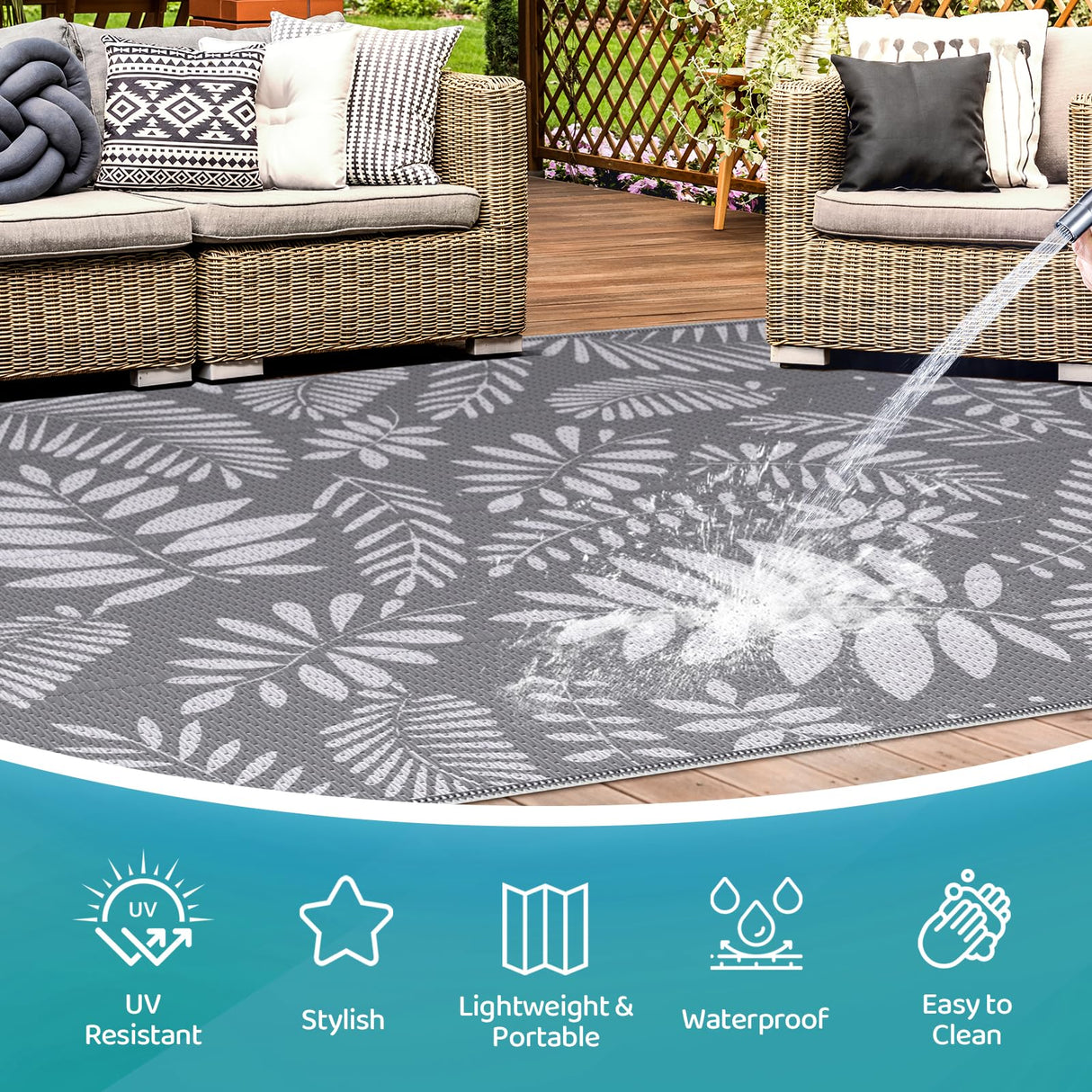 Outdoor Rug, Patio Rug, Plastic Straw Camping Rugs, Large Waterproof Area Rug and Mat for Outdoors, RV, Patio, Backyard, Deck, Porch, Beach, Balcony, (5'x 8', White&Gray) StepRite