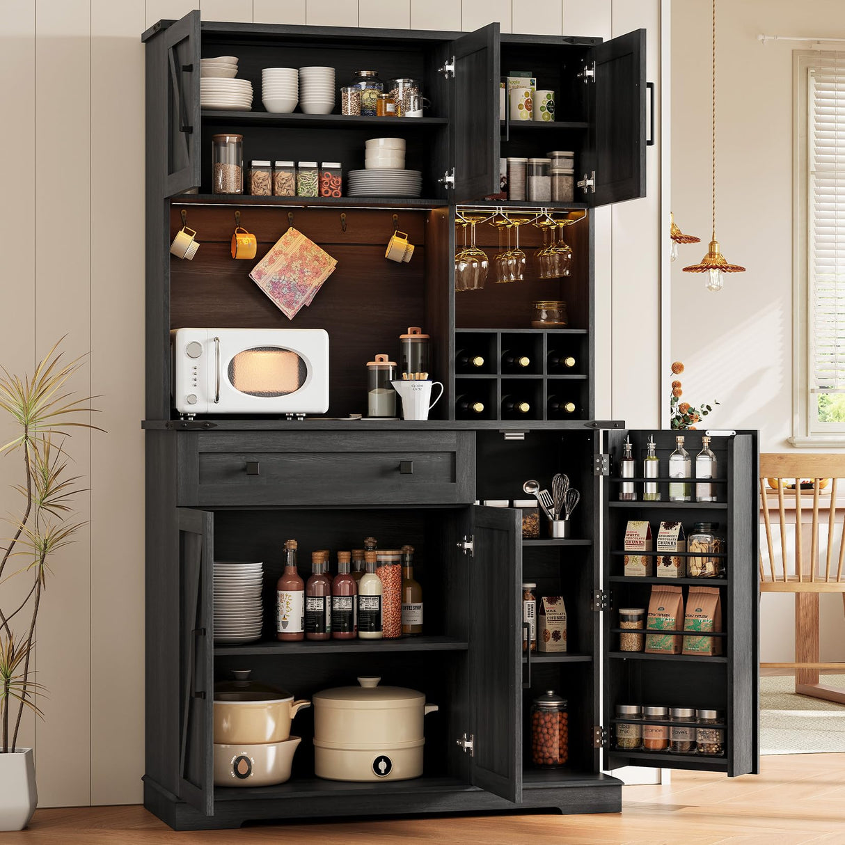 Dripex 71" Pantry Cabinet with Charging Station, Farmhouse Kitchen Pantry Storage Cabinet with Outlet & LED Light, Microwave Stand, Tall Kitchen Hutch with Storage for Living Room, Dining Room, Black Dripex