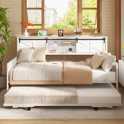 Homieasy Daybed with Trundle, Farmhouse Twin Day Bed with Bookcase Headboard and Charging Station, Heavy Duty Metal Sofa Bed Frame with Pop-up Trundle Bed for Living Room, Bedroom, White