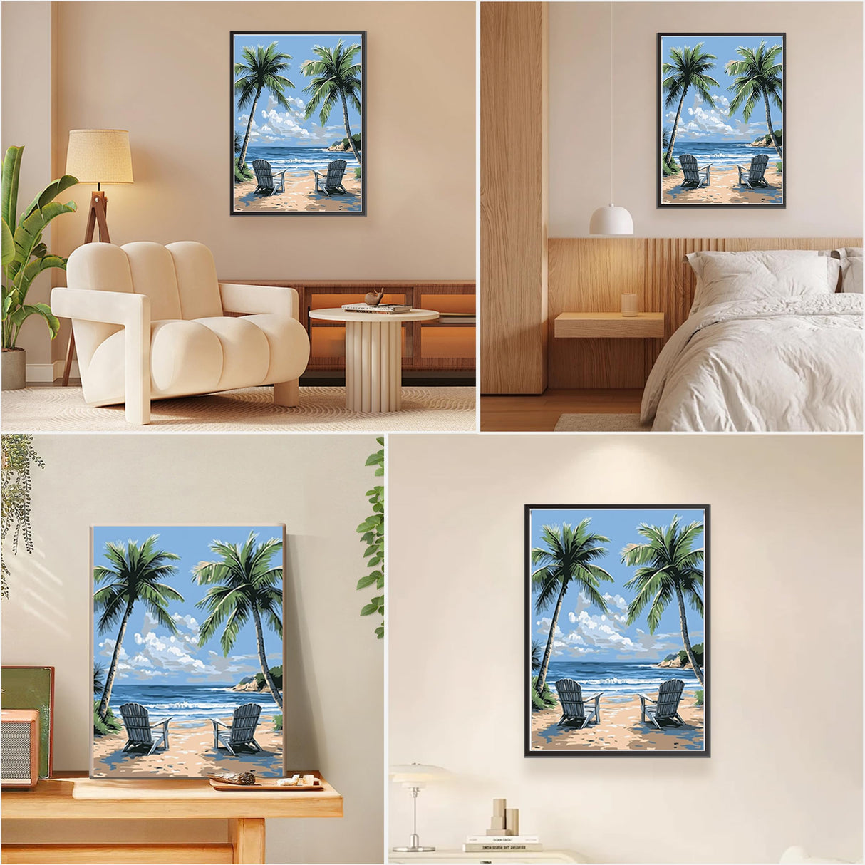 EOBROMD Framed Paint by Numbers Kits for Adults Sunny Beach Palm, DIY Kits Crafts for Beginner, Painting on Stretched Canvas, Oil Paint by Numbers for Home Decor Gift 12x16inch EOBROMD