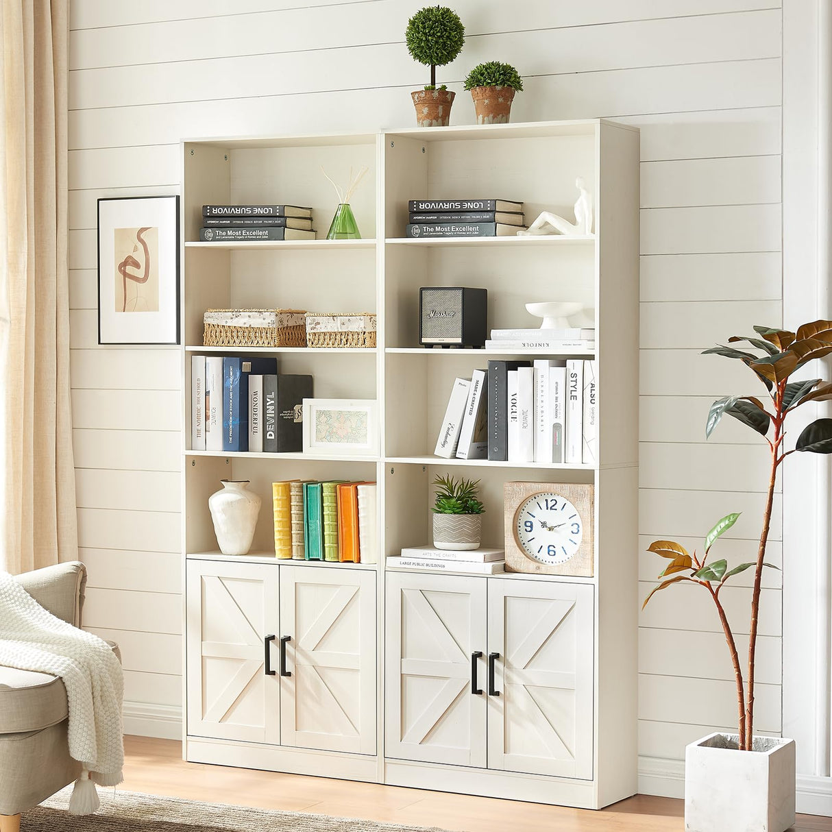 RWYHG 70in Tall Bookshelf 6 Tier Bookcase with Barn Doors and Adjustable Shelf, White Farmhouse Book Shelves with Storage Cabinet RWYHG