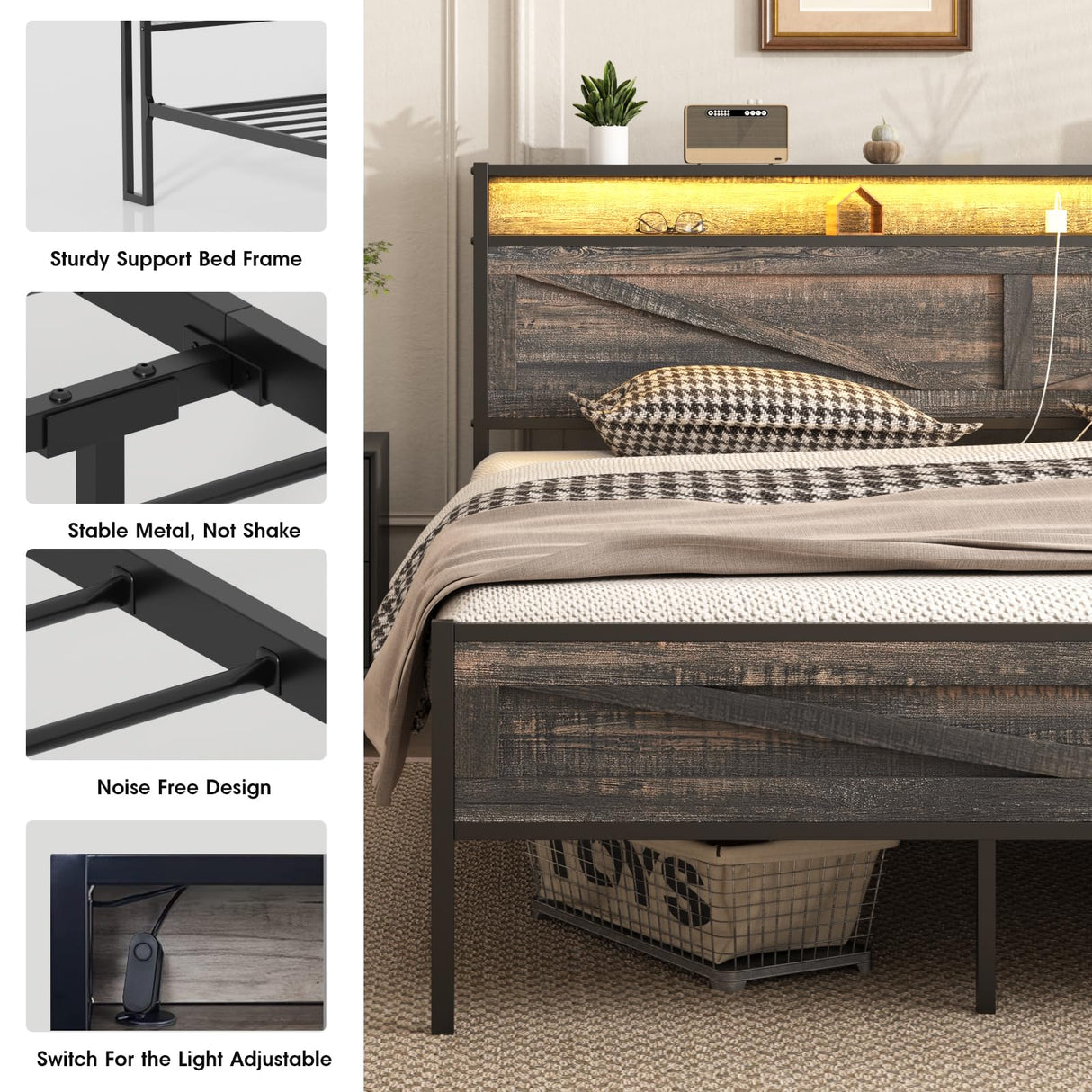 Bed Frame King Size with Charging Station, Platform Metal Bed with Headboard & Led Light, Farmhouse Storage Bed for Bedroom, No Box Spring Needed Halitaa
