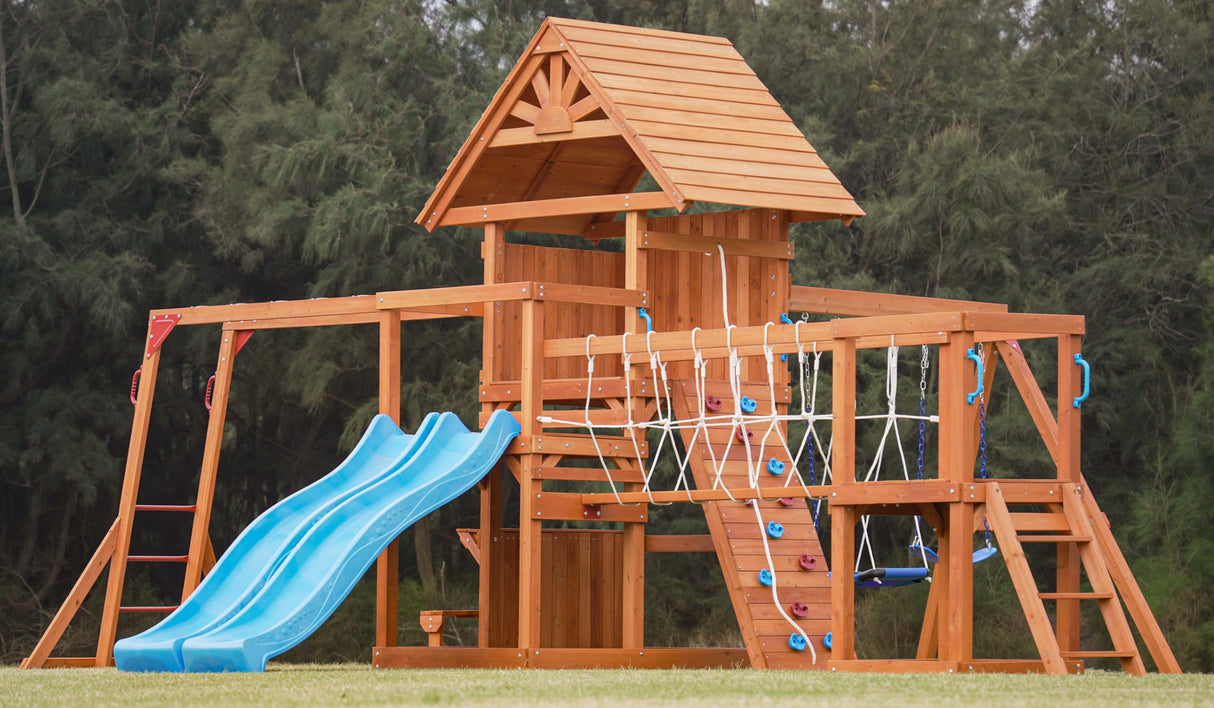 Dolphin Playground Wooden Swing Sets, Monkey bar, Plank Bridge with Rope Mesh, 2 Wave Slides, Large Climbing Wall, Outdoor Table, Saucer Swing, Playground Sets for Backyards, Outdoor Playset DOLPHIN PLAYGROUND T