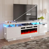 AMERLIFE Fireplace TV Stand with 36" White Fireplace, 70" Modern High Gloss Fireplace Entertainment Center LED Lights, 2 Tier TV Console Cabinet for TVs Up to 80", White & White AMERLIFE