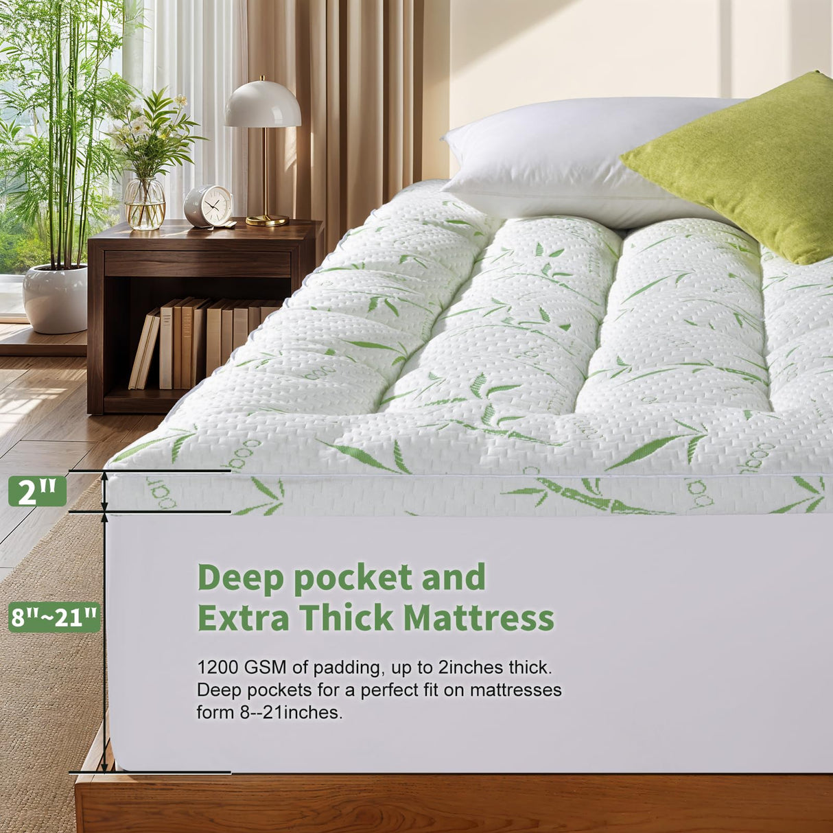 Jov5tic Mattress Topper Queen Size - 1200GSM 3D+7D Down Alternative Fill, Viscose Made from Bamboo Cover, Extra Plush for Back Pain, 8"-18" Deep Pocket(Queen,60"x80") jov5tic