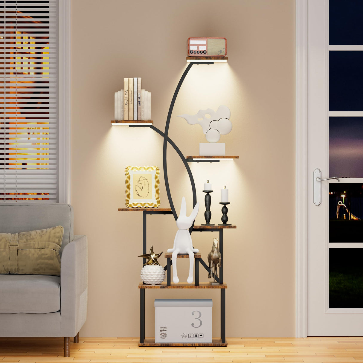 Tall Corner Shelf Stand with LED Lights, 8 Tier Bookshelf for Living Room, 65" Black Display Shelf Storage Cabinet Metal Plant Stand, Standing Rack Shelves Cases for Home Decor, Bedroom, Office JUSTOGO