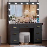 FURNJOYLIFE Black Makeup Vanity Desk with Lighted Mirror & Power Outlet,3 Color Modes, Brightness Adjustable,Vanity Table with Drawer,Sliding 2 Storage Wall-Mounted Jewelry,4 Shelves for Bedroom FURNJOYLIFE