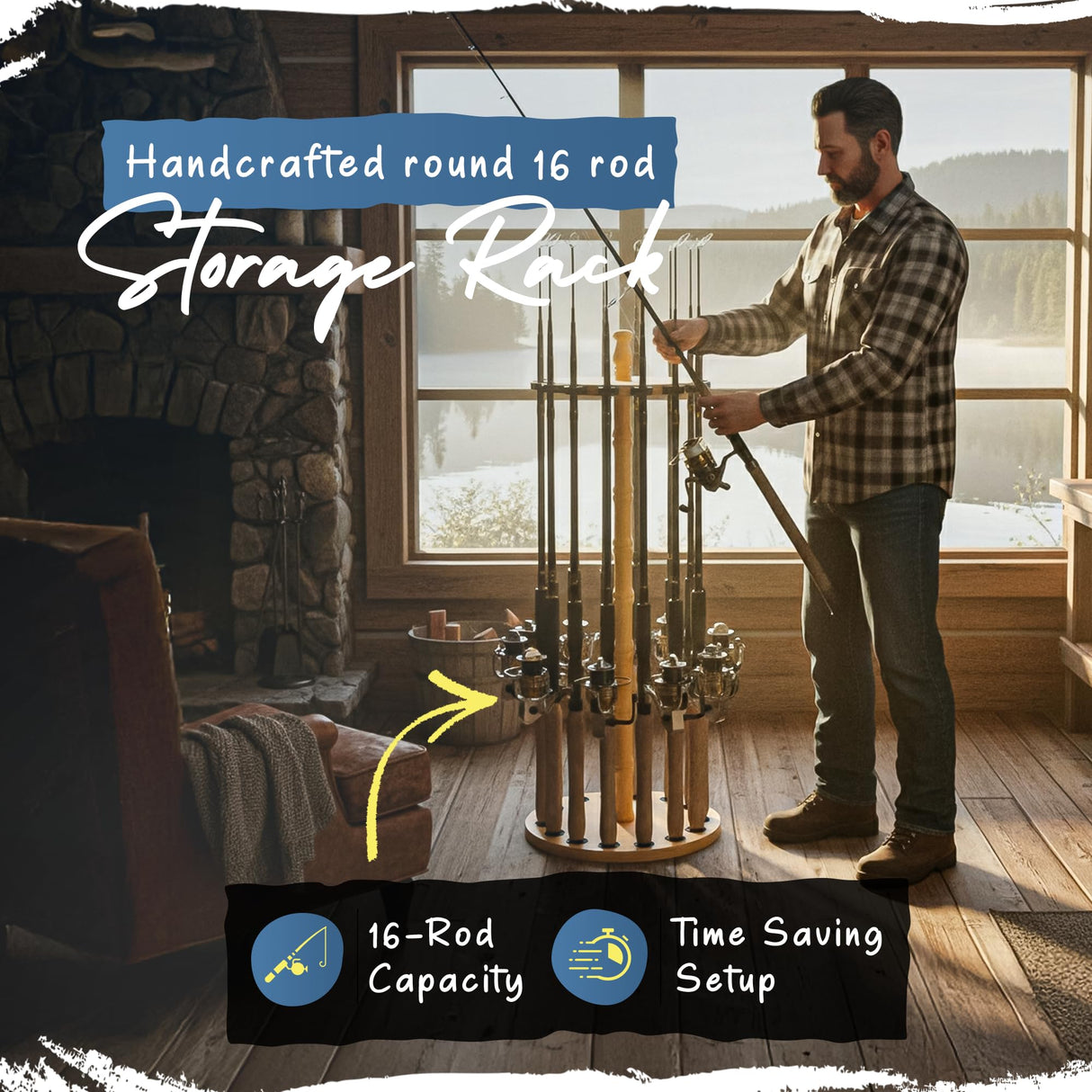 Rush Creek Creations Round 16 Fishing Rod Storage Rack - Features Traditional Handcrafted Wood Post - No Tool Assembly, Wood Grain Laminate Rush Creek Creations