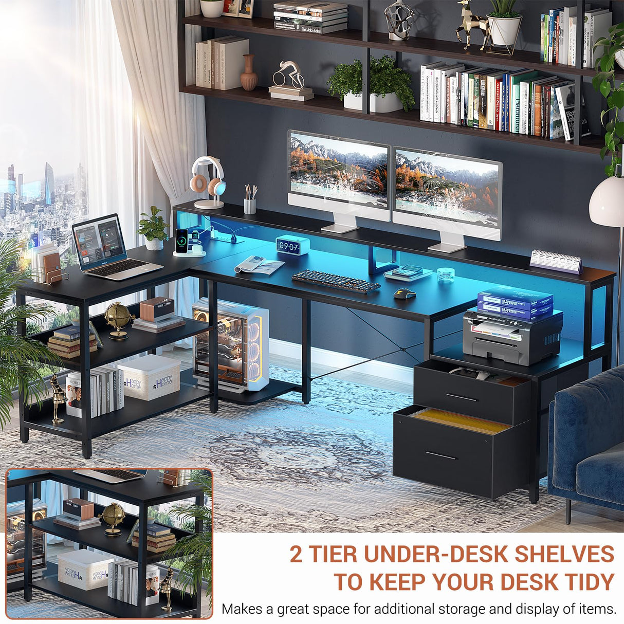 Aheaplus L Shaped Desk with File Drawer, 72.8" Reversible L Shaped Computer Desk with Power Outlet & LED Strip, Gaming Desk with Long Monitor Stand, Office Desk Corner Desk with Storage Shelf, Black Aheaplus