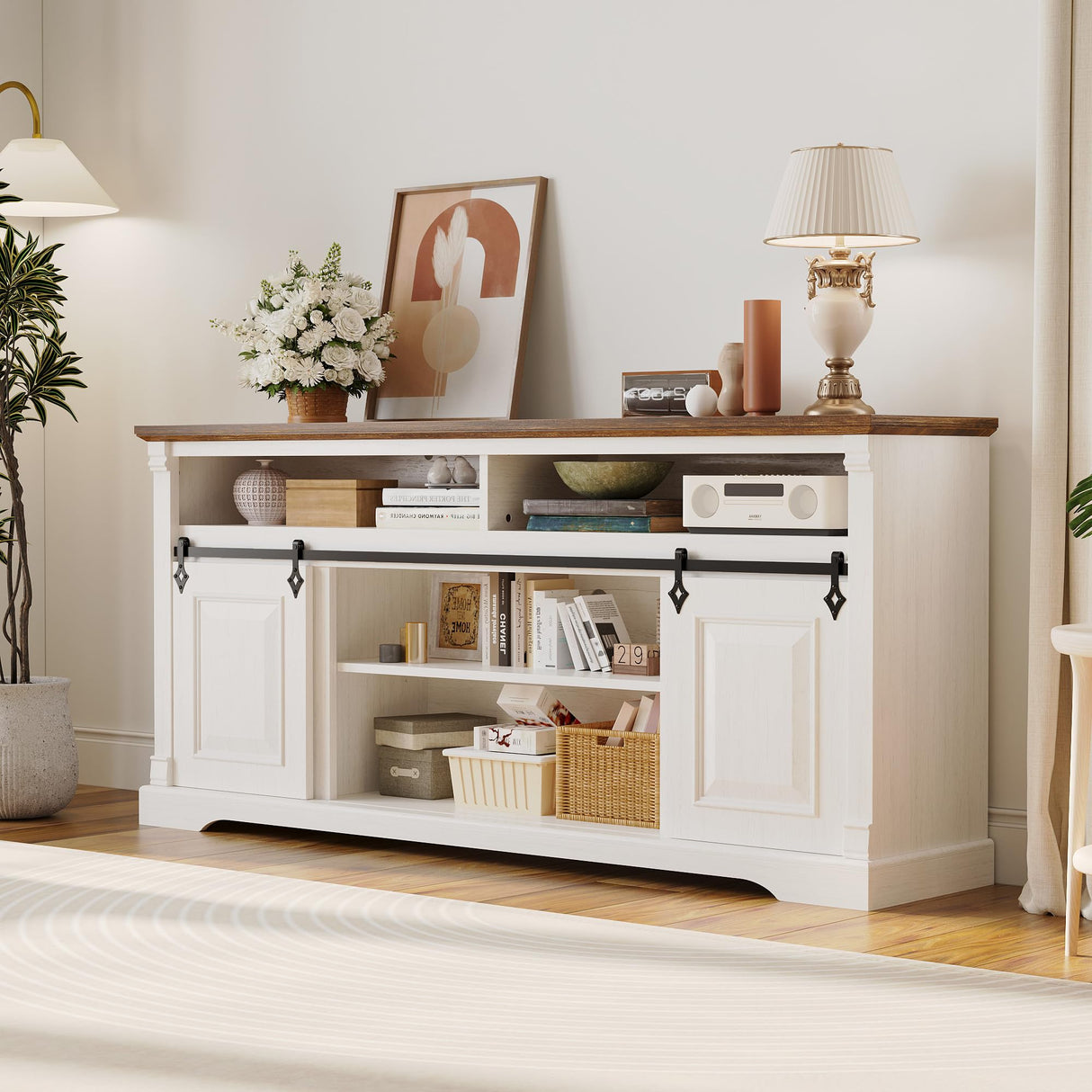 IRONCK Farmhouse TV Stand for 75+ Inch TV, 70" Entertainment Center with Storage Cabinets and Sliding Barn Door, Media Console for Living Room, White IRONCK