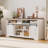 IRONCK Farmhouse TV Stand for 75+ Inch TV, 70" Entertainment Center with Storage Cabinets and Sliding Barn Door, Media Console for Living Room, White IRONCK