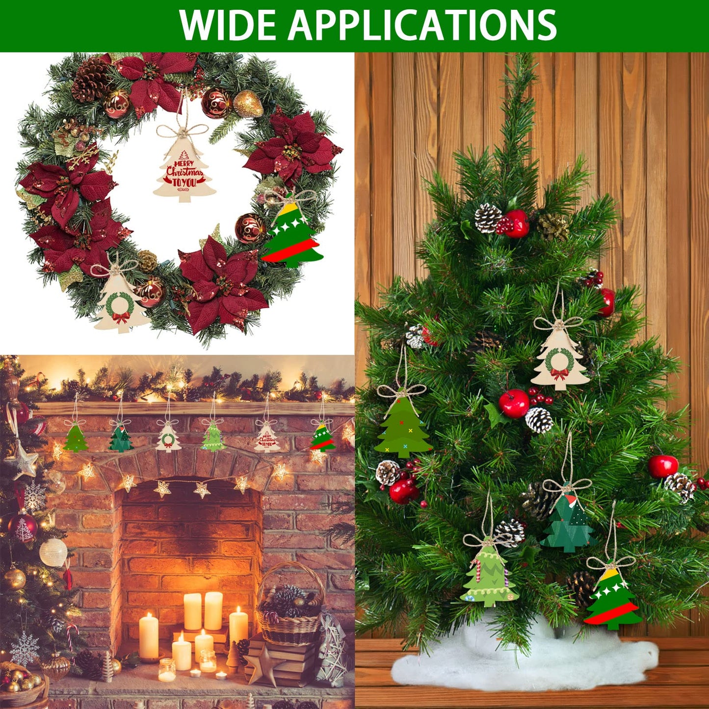 150 Pieces Wooden Christmas Tree Cutouts Crafts Embellishments Unfinished Christmas Tree Hanging Ornaments Blank Christmas Tree Wood Cutouts Slice with Ropes for DIY Crafts Christmas Xmas Decoration