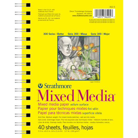 Strathmore 300 Series Mixed Media Paper Pad, Side Wire Bound, 5.5x8.5 inches, 40 Sheets (117lb/190g) - Artist Paper for Adults and Students - Watercolor, Gouache, Graphite, Ink, Pencil, Marker Strathmore