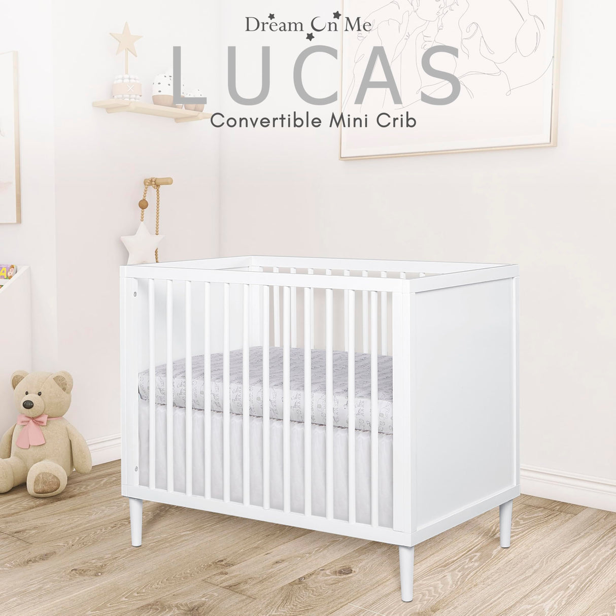 Dream On Me Lucas Mini Modern Crib with Rounded Spindles in White , 39x25.5x33 Inch (Pack of 1) Dream On Me