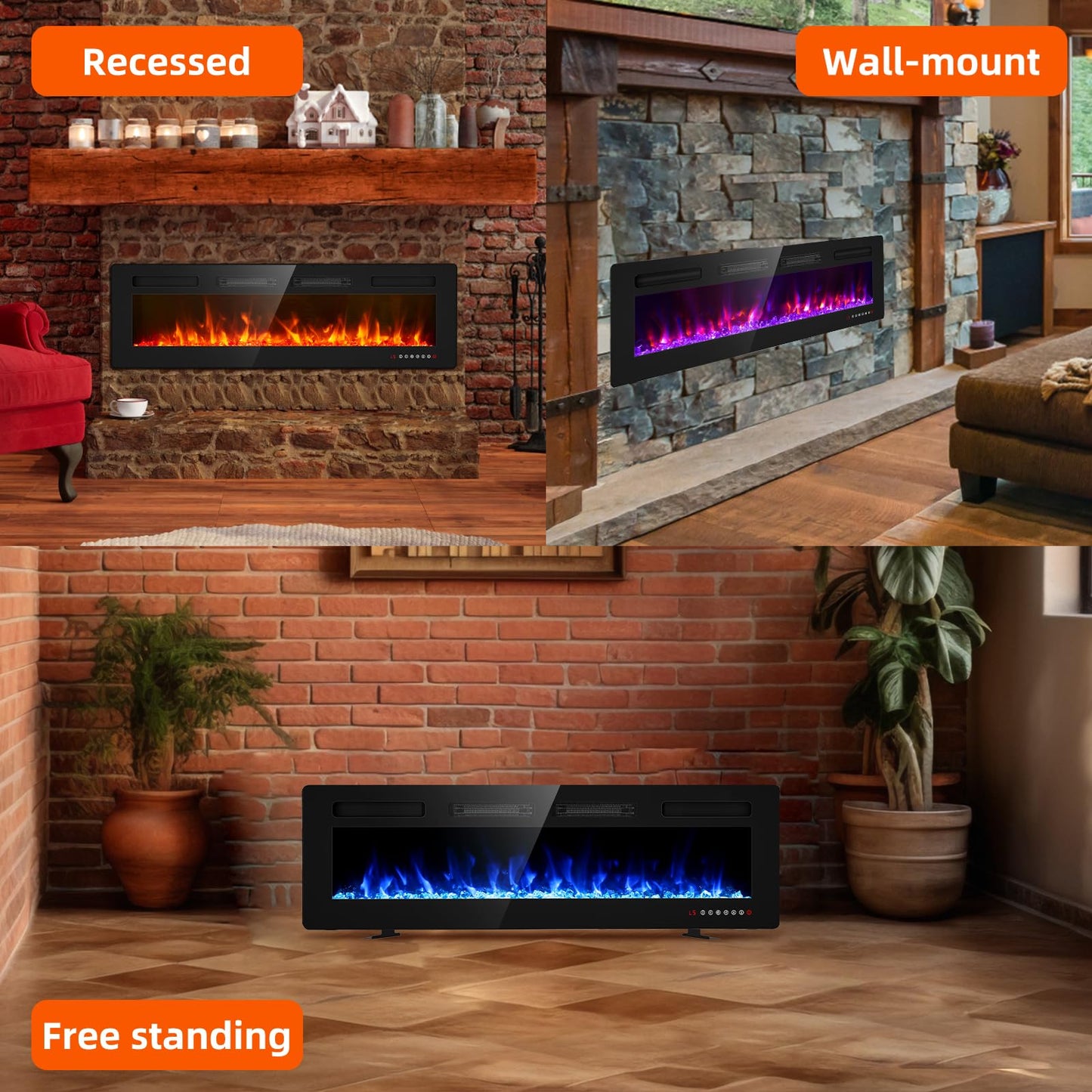 BREEZEHEAT 60 inch Electric Fireplace Wall Mounted/Freestanding-Ultra Thin Fireplace Inserts for Living Room with Heater, Remote Control, Touch Screen, Led Flame, 8H Timer, 750w/1500w