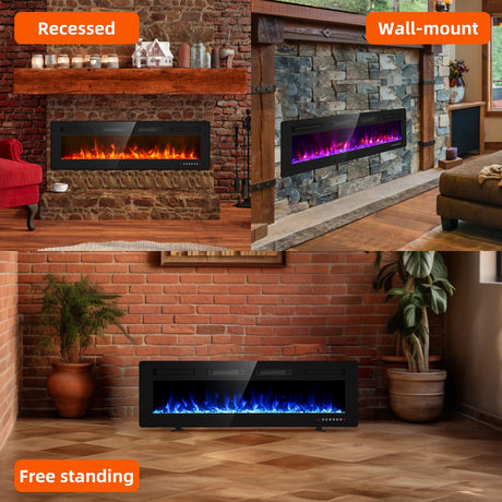 BREEZEHEAT 60 inch Electric Fireplace Wall Mounted/Freestanding-Ultra Thin Fireplace Inserts for Living Room with Heater, Remote Control, Touch Screen, Led Flame, 8H Timer, 750w/1500w BREEZEHEAT