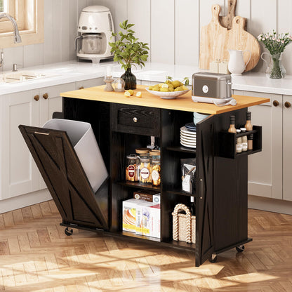 Rolling Kitchen Island with Trash Can Storage, Kitchen Island Cart with Drop Leaf Countertop, 47.2” Kitchen Island on Wheels, Island Table with Drawer & Shelf for Kitchen, Fits 10-Gallon Bins