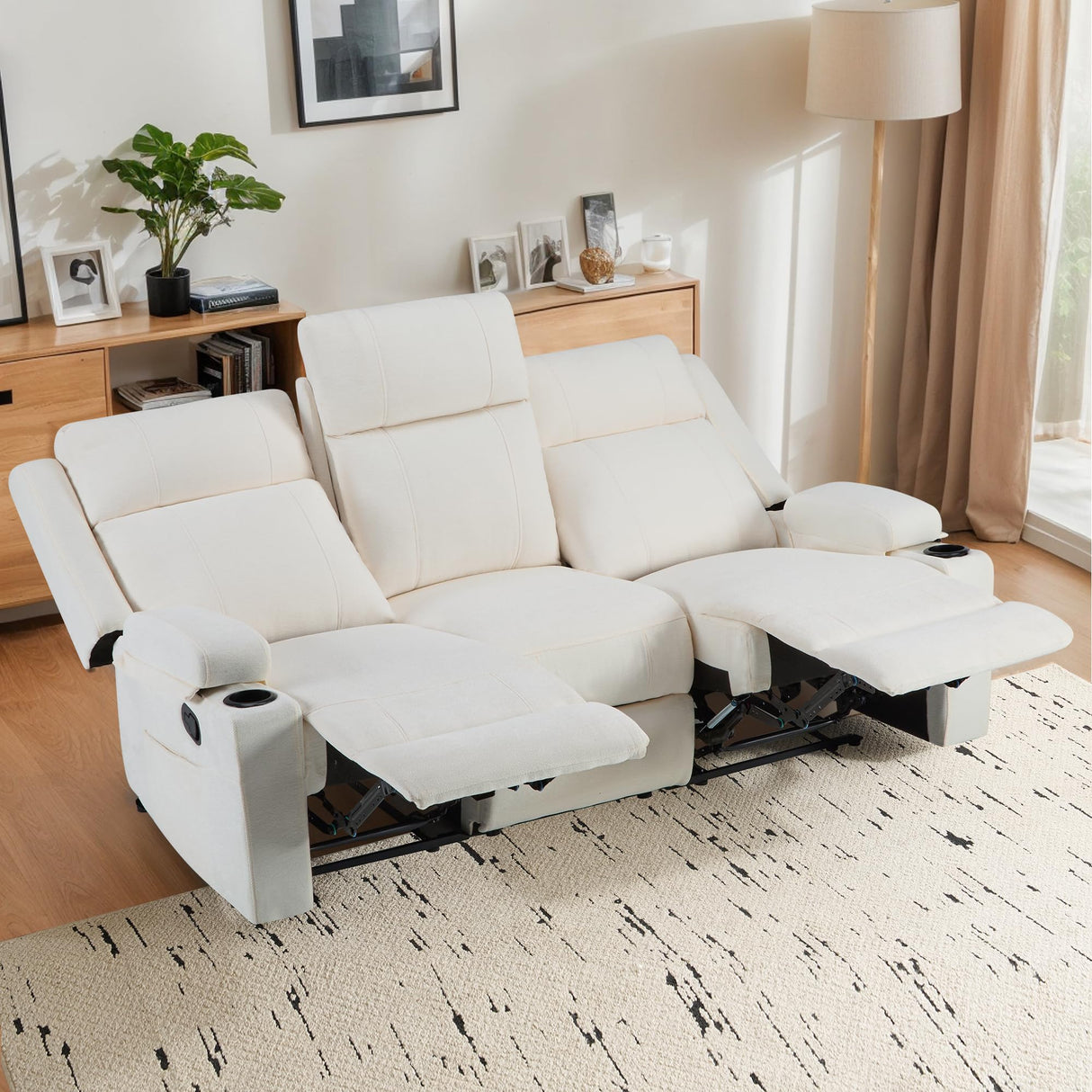 75'' Manual Reclining Sofa with Storage Drawer, 3 Seat Wall Hugger Recliner Couch with Cup Holders, Side Pockets, Chenille Fabric, Compact 3-Person Recliner for RV, Living Room, Apartment (Beige) LURVIA