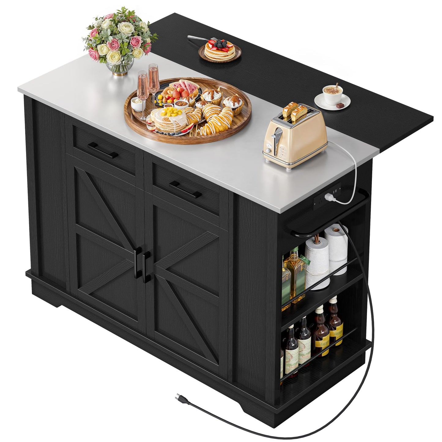 DWVO Kitchen Island w Stainless Steel Top Drop Leaf Bar Seating Power Outlet, 47" Portable Rolling Mobile Center Islands w Folding Dropleaf Storage Drawer Cabinet Wheel Counter Height Metal Top, Black