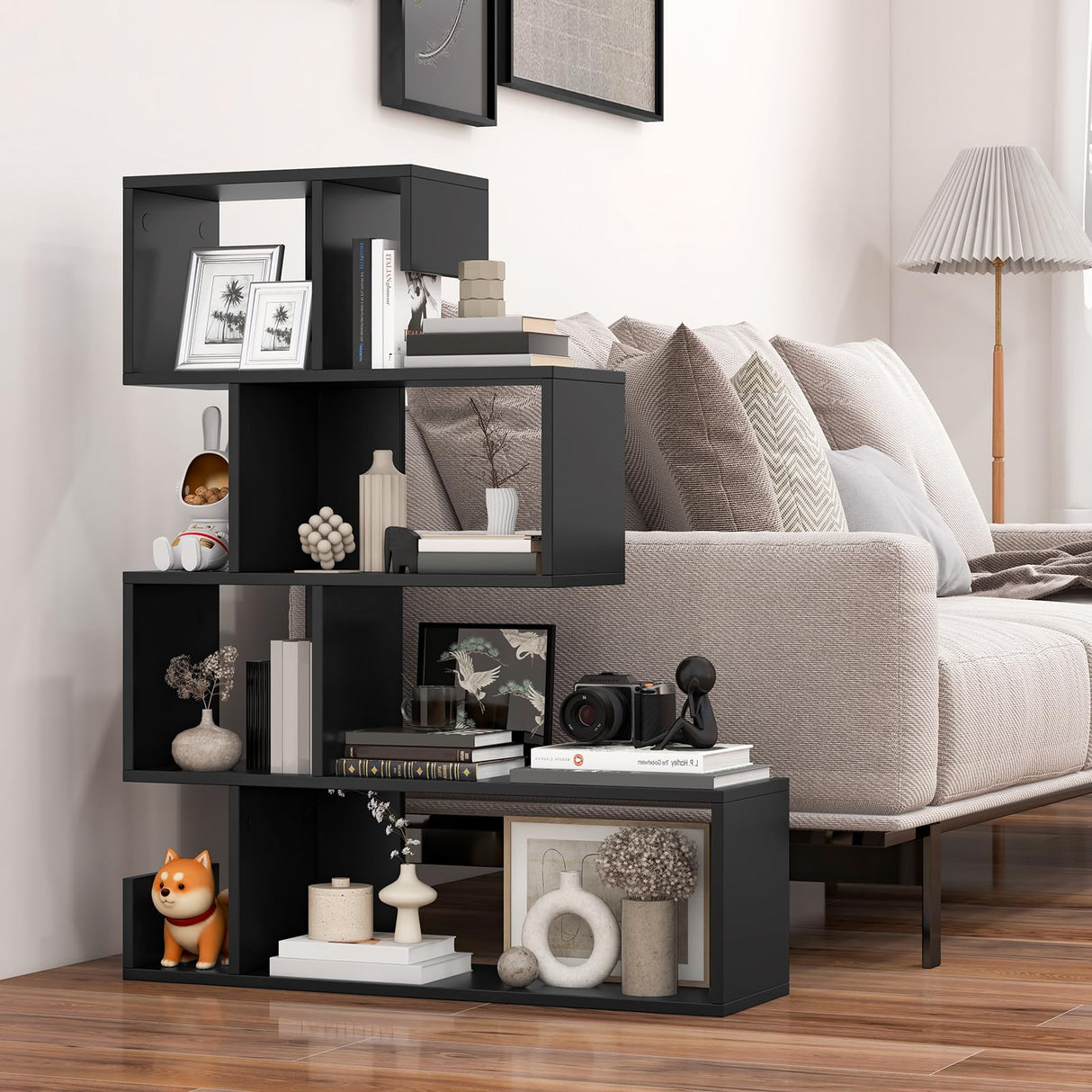 Giantex 5-Tier S-Shaped Bookshelf, Geometric Bookcase w/Open Cubes, Modern Decorative Display Shelf w/Anti-Toppling Kits, Freestanding Storage Rack for Living Room, Study, Home, Office, Black Giantex