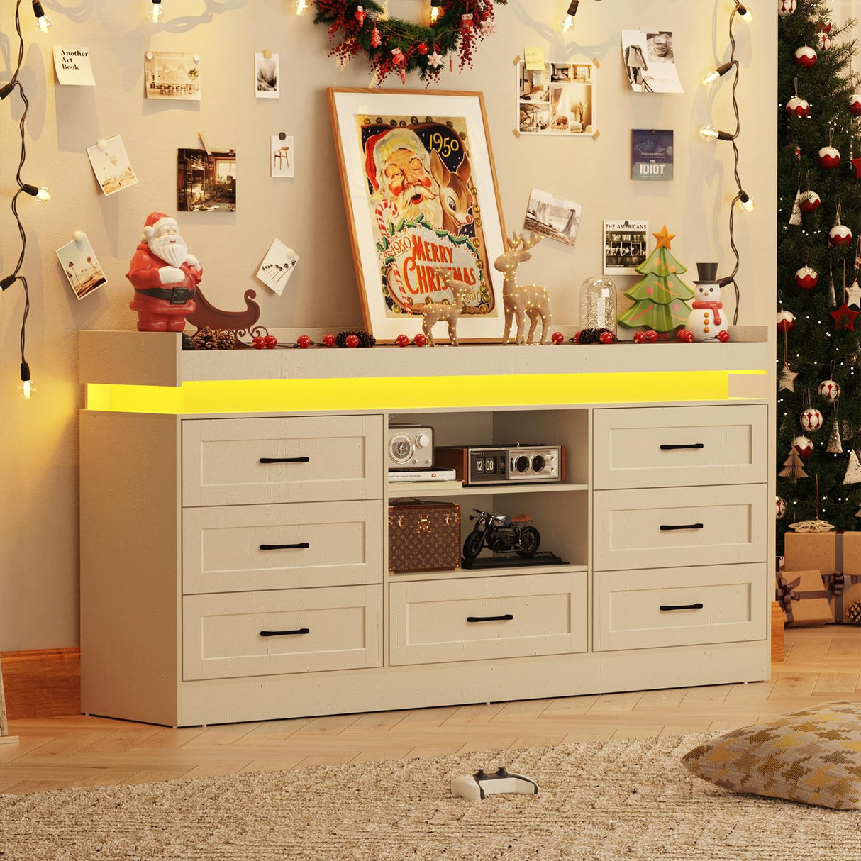 70" Large Farmhouse 7 Drawers Dresser for Bedroom with LED Light and Power Outlets + 2 Open Storage Shelves,Wide 7 Chests of Drawers for Closet,Storage Dressers Organizer for Bedroom(Antique White) Hlivelood