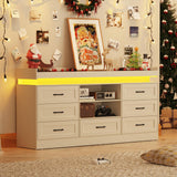 70" Large Farmhouse 7 Drawers Dresser for Bedroom with LED Light and Power Outlets + 2 Open Storage Shelves,Wide 7 Chests of Drawers for Closet,Storage Dressers Organizer for Bedroom(Antique White) Hlivelood