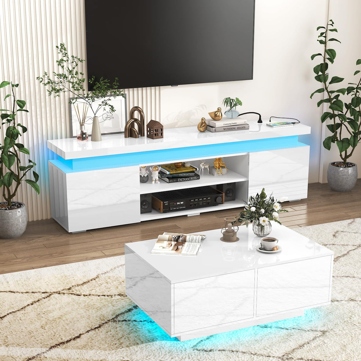 Hlivelood LED TV Stand for 75 Inch TV, Modern TV Stand with Power Outlet, High Gloss TV Console Entertainment Center with Storage and LED Lights for Living Room, Bedroom (66 Inch, White) Hlivelood