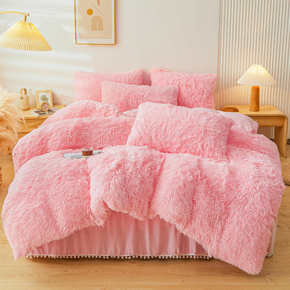 ERLOXO Fluffy Pink Faux Fur Comforter Cover Set，Fluffy Fuzzy Plush Pink Bedding 3Pcs (1 Faux Fur Duvet Cover +2 Fuzzy Pillowcases) Pink Fluffy Bed Set (Pink, Queen) ERLOXO