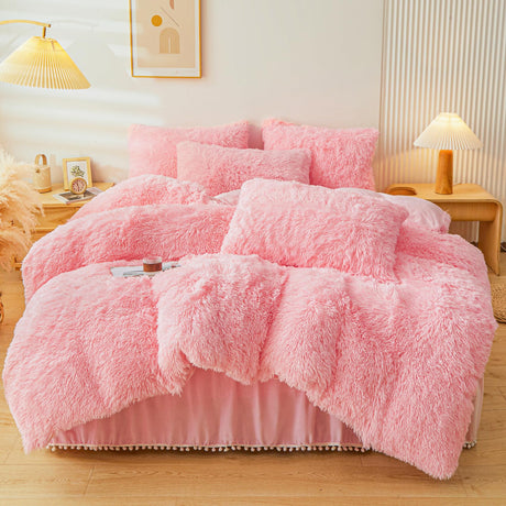 ERLOXO Fluffy Pink Faux Fur Comforter Cover Set，Fluffy Fuzzy Plush Pink Bedding 3Pcs (1 Faux Fur Duvet Cover +2 Fuzzy Pillowcases) Pink Fluffy Bed Set (Pink, Queen) ERLOXO