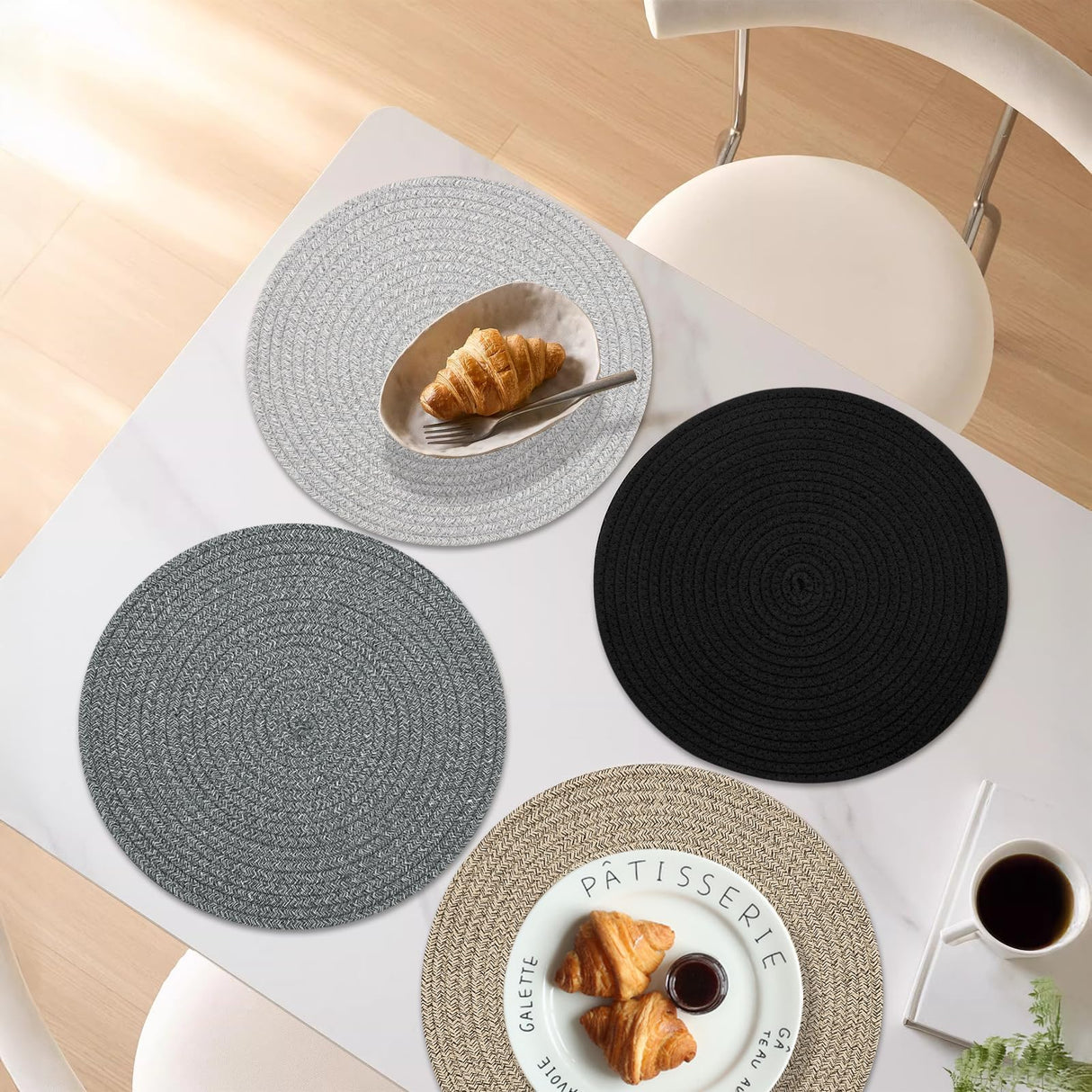 Round Placemats Set of 6 with Holder, Cotton Rope Woven Place Mats, Hot Pads for Kitchen, Heat Resistant Table Mats, 13 Inch Farmhouse Washable Braided Placemat for Kitchen Decor (Brown) Jukercici