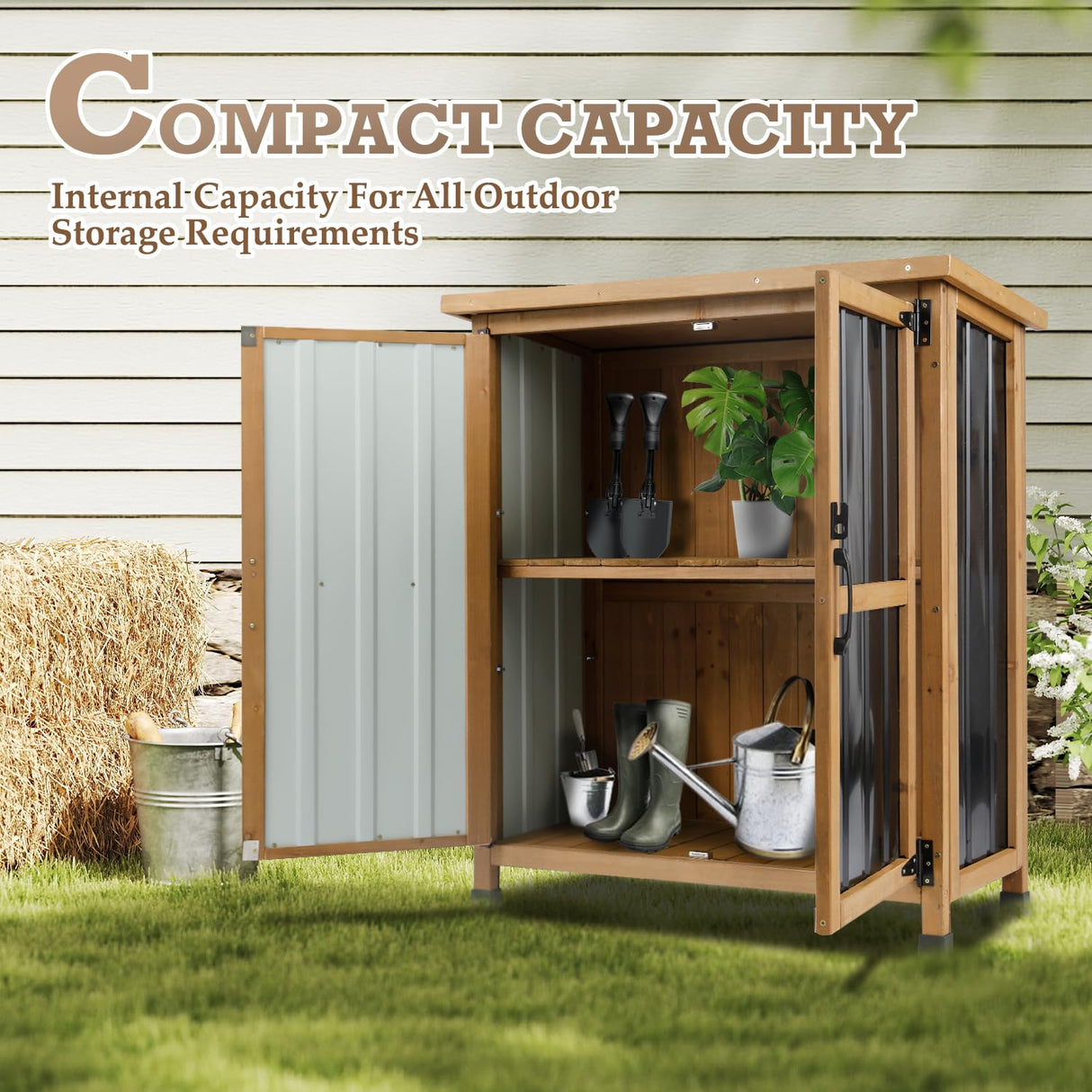 Outdoor Storage Cabinet Waterproof with Shelves, Storage Box with Lockable Doors, Wood & Metal Patio Yard Pool Garden Storage Cabinet Organizer, Gifts for Women Men PetsCosset