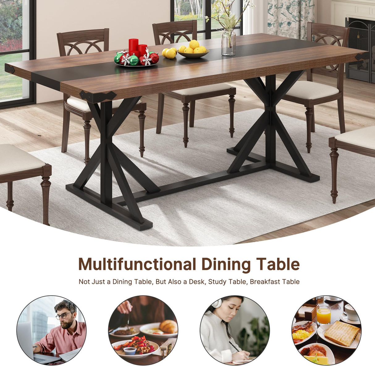 Hlivelood 71 Inch Dining Table for 6 People, Rectangular Kitchen Farmhouse Table W/Thickness Waterproof Wood Tabletop,Long Dining Room Tables W/Wood Strip Base for Kitchen Living Room(Brown&Black) Hlivelood