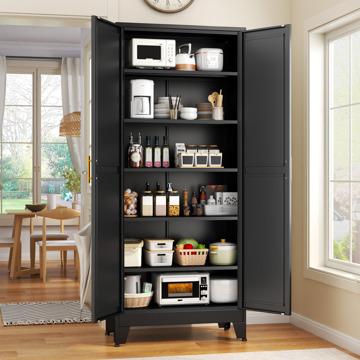 GAIOUS 75.2" Tall Storage Cabinet, Pantry Storage Cabinet with 2 Door and 5 Adjustable Shelves, Black Kitchen Food Storage Cabinet, Metal Utility Cabinet for Kitchen, Dinning Room, Laundry Room GAIOUS