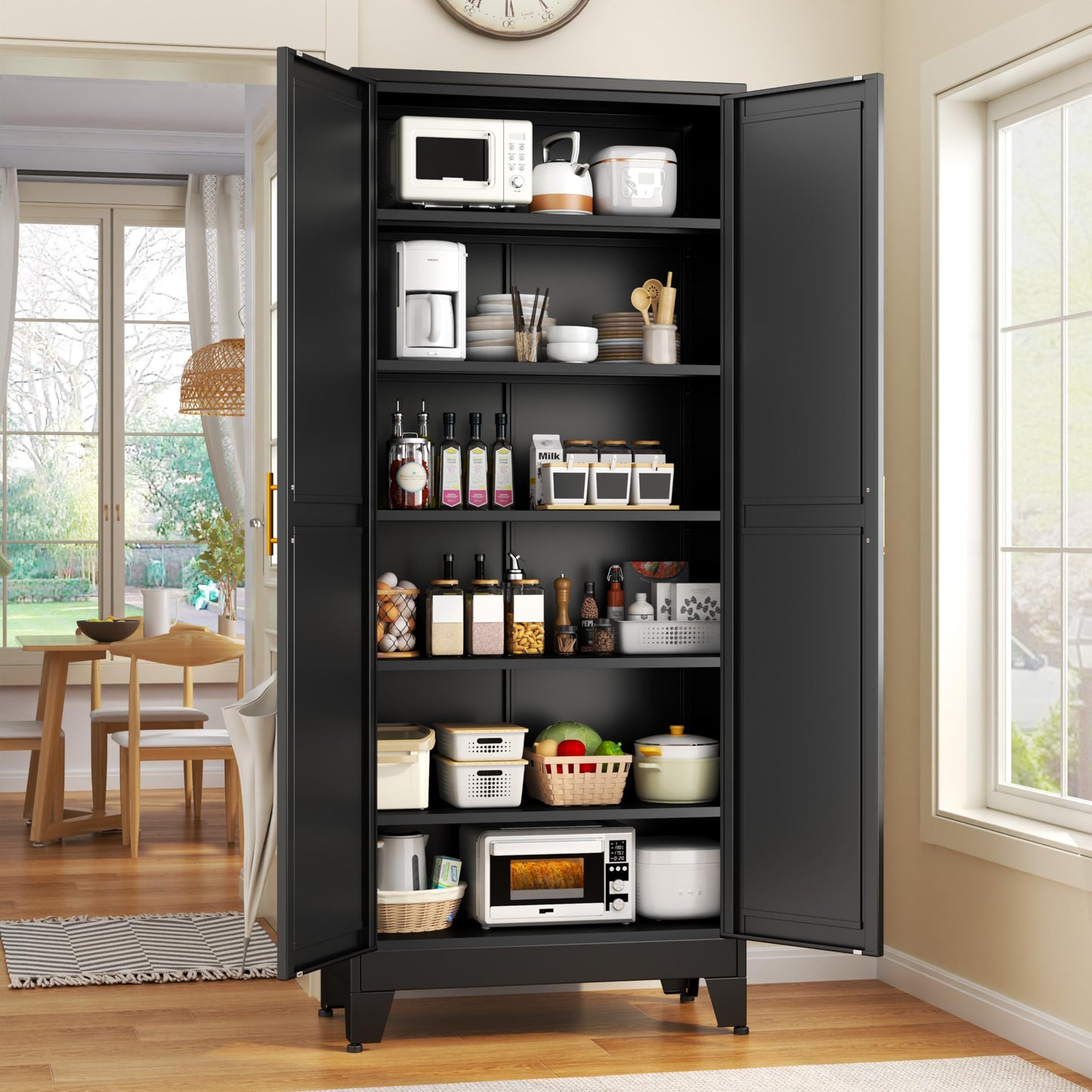 GAIOUS 75.2" Tall Storage Cabinet, Pantry Storage Cabinet with 2 Door and 5 Adjustable Shelves, Black Kitchen Food Storage Cabinet, Metal Utility Cabinet for Kitchen, Dinning Room, Laundry Ro - WoodArtSupply