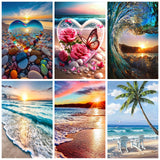 Mowana Diamond Art Kits for Adults - Beach Diamond Painting Kits for Beginners, Sea Stone Love Heart Stone 5D DIY Full Drill Rhinestone Gem Art Painting for Home Wall Decor and Gifts 6 Pack 12x16inch Mowana