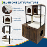 Litter Box Enclosure with Cat Tree, Corner Kitty Litter Box Enclosure Furniture Dog Proof Wooden Cats Cabinet with Condo, Plush Hammock, Scratching Post and Play Ball GarveeLife