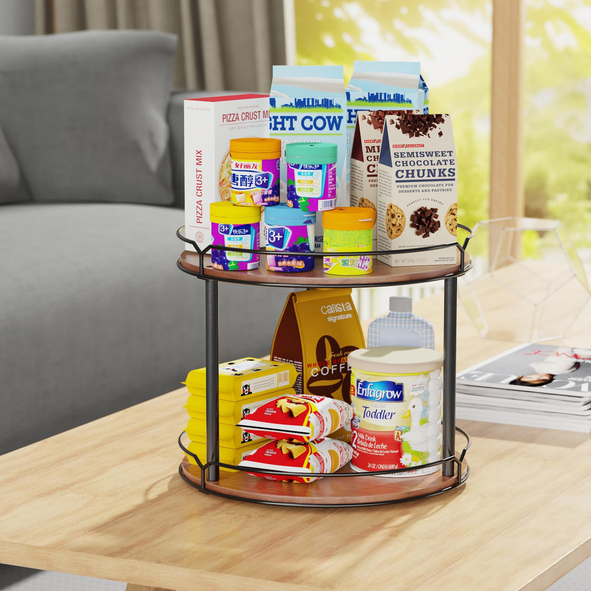 MUTUALUS Lazy Susan Organizer 2 Tier - 12.4" Turntable Spice Rack for Table Top, Wooden Rotating Lazy Susan for Cabinet Pantry Kitchen Countertop Dining Table Cupboard Bathroom Vanity Storage MUTUALUS