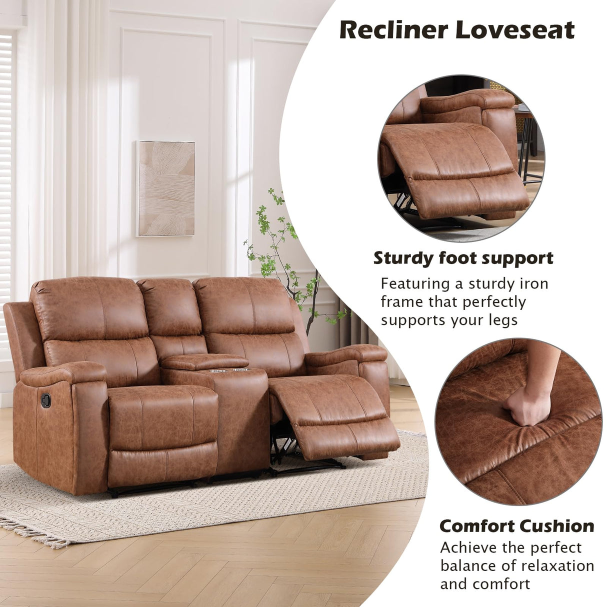 CANMOV Manual Reclining Loveseat with Console,Faux Leather Double Recliner Loveseat Sofa with Hidden Storage and Cup Holders,Manual Recliner Loveseat Couch Set for Living Room,Brown CANMOV