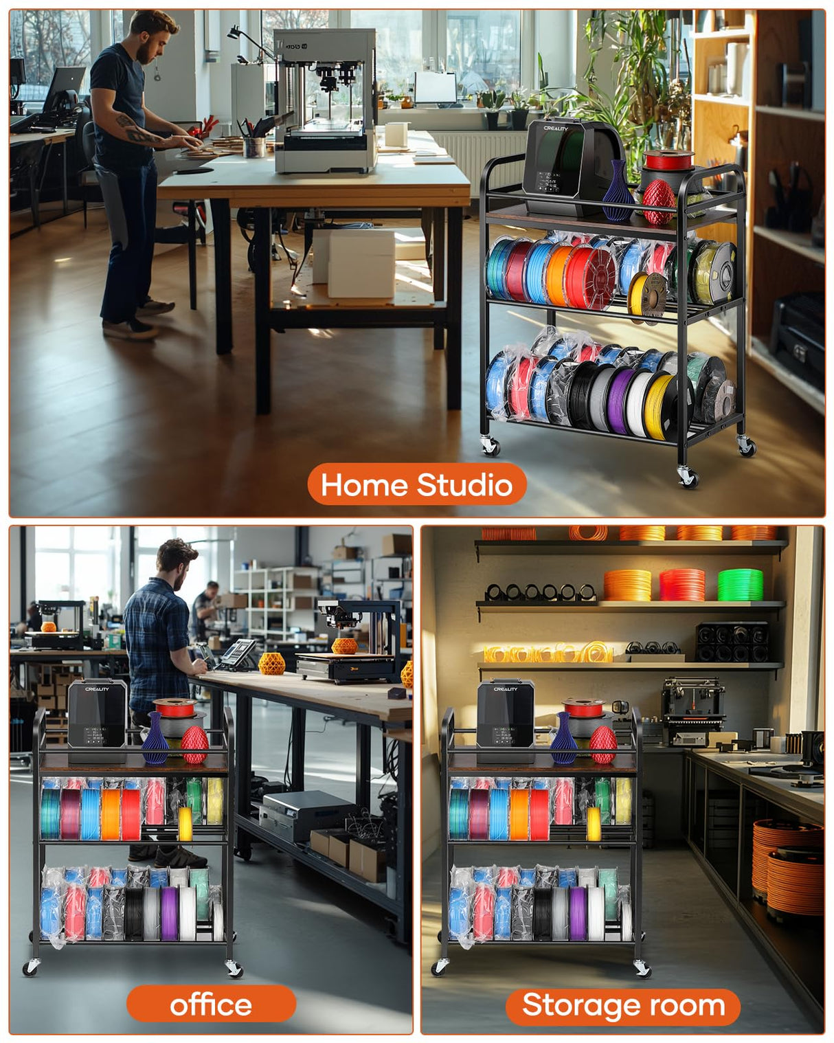 3D Printer Filament Storage Rack- Rolling Filament Spool Holders Racks with Wheels, Heavy Duty Metal Shelf for PLA/ABS/TPU/Nylon, Filaments Organzied for 3D Printing Studio, Office Workshop (Brown) Rackgolfic