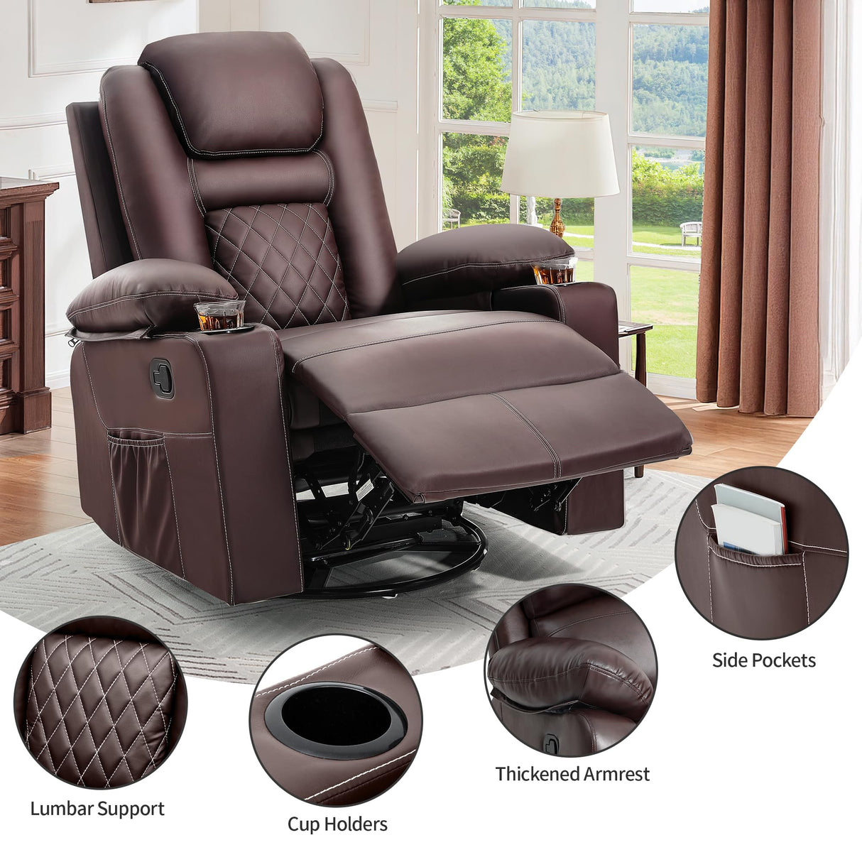 YITAHOME Recliner Chair,PU Rocking Chair for Adults,Swivel Recliner with Cup Holders,Heat and Massage,Single Sofa Seat with Side Pockets for Living Room/Bedroom,Brown YITAHOME