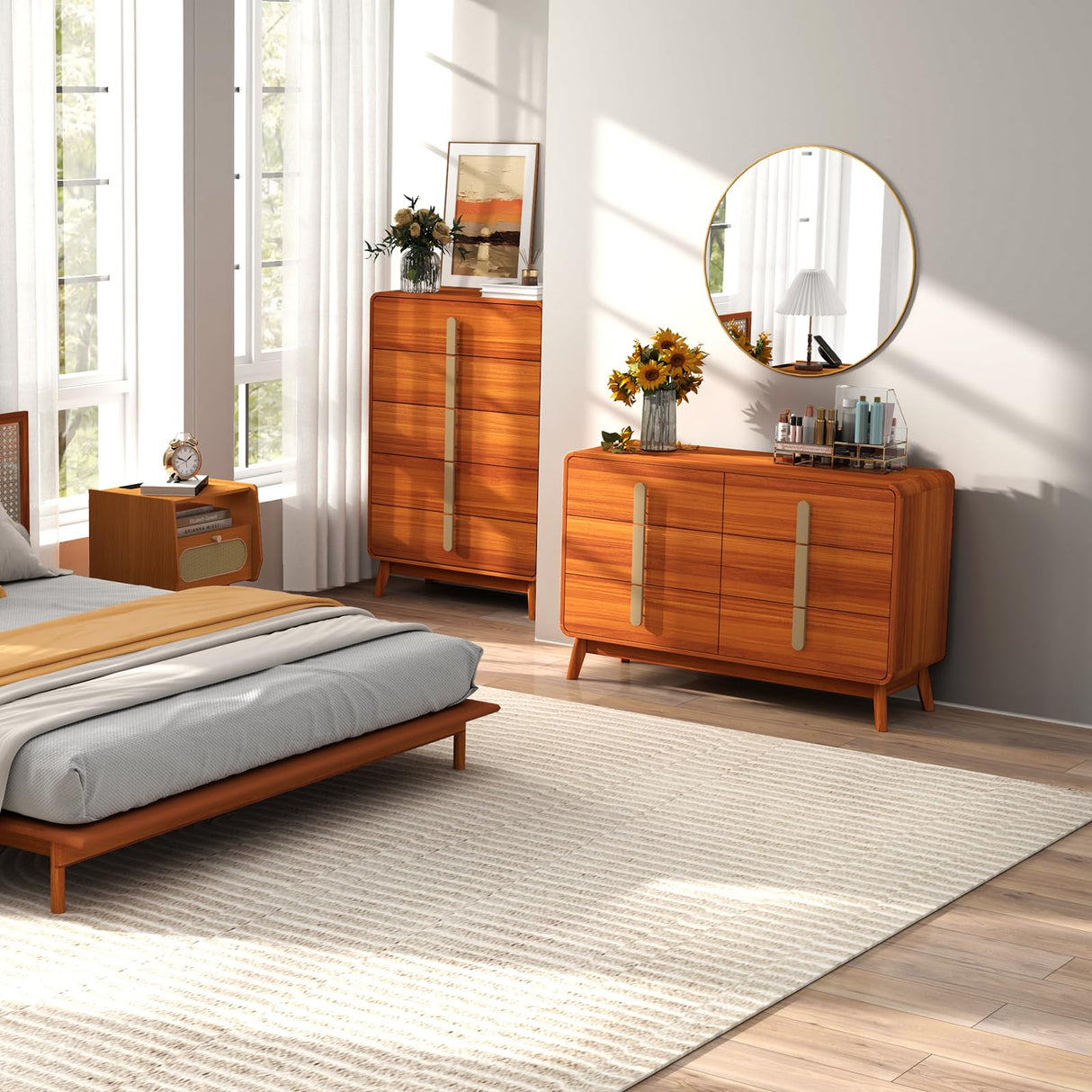 pnochoo 5 Drawer Dresser,Mid Century Modern Dresser for Bedroom,47.2" Tall Wooden Dresser,Entryway Cabinet with Drawers,Chest of Drawers with Metal Handle for Living Room,Hallway,Cherry pnochoo