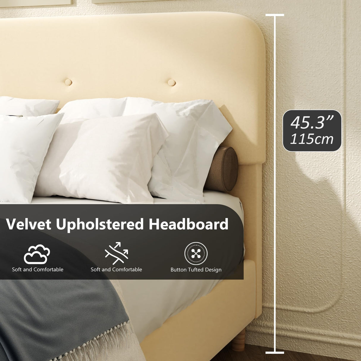 Queen Size Platform Bed Frame with Velvet Upholstered Headboard, Button Tufted Headboard and Footboard, Anti-Collision Soft Rounded Corners, No Box Spring Needed, Easy Assembly, Beige viplov