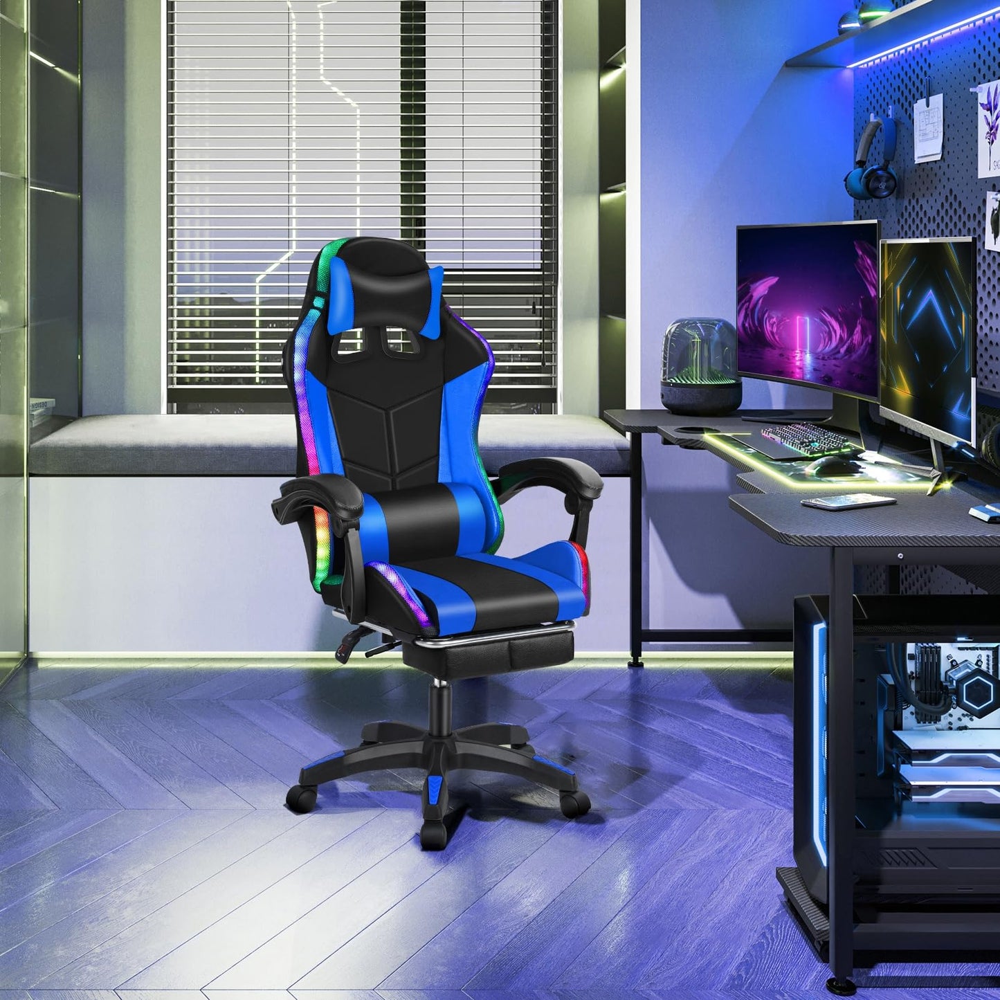 Ergonomic Gaming Chair Video Game Chairs with footrest and Massage Lumbar Support, Computer Chair with Speakers, Bluetooth Music, RGB LED Lights, Headrest, Up to 397lbs Black Blue