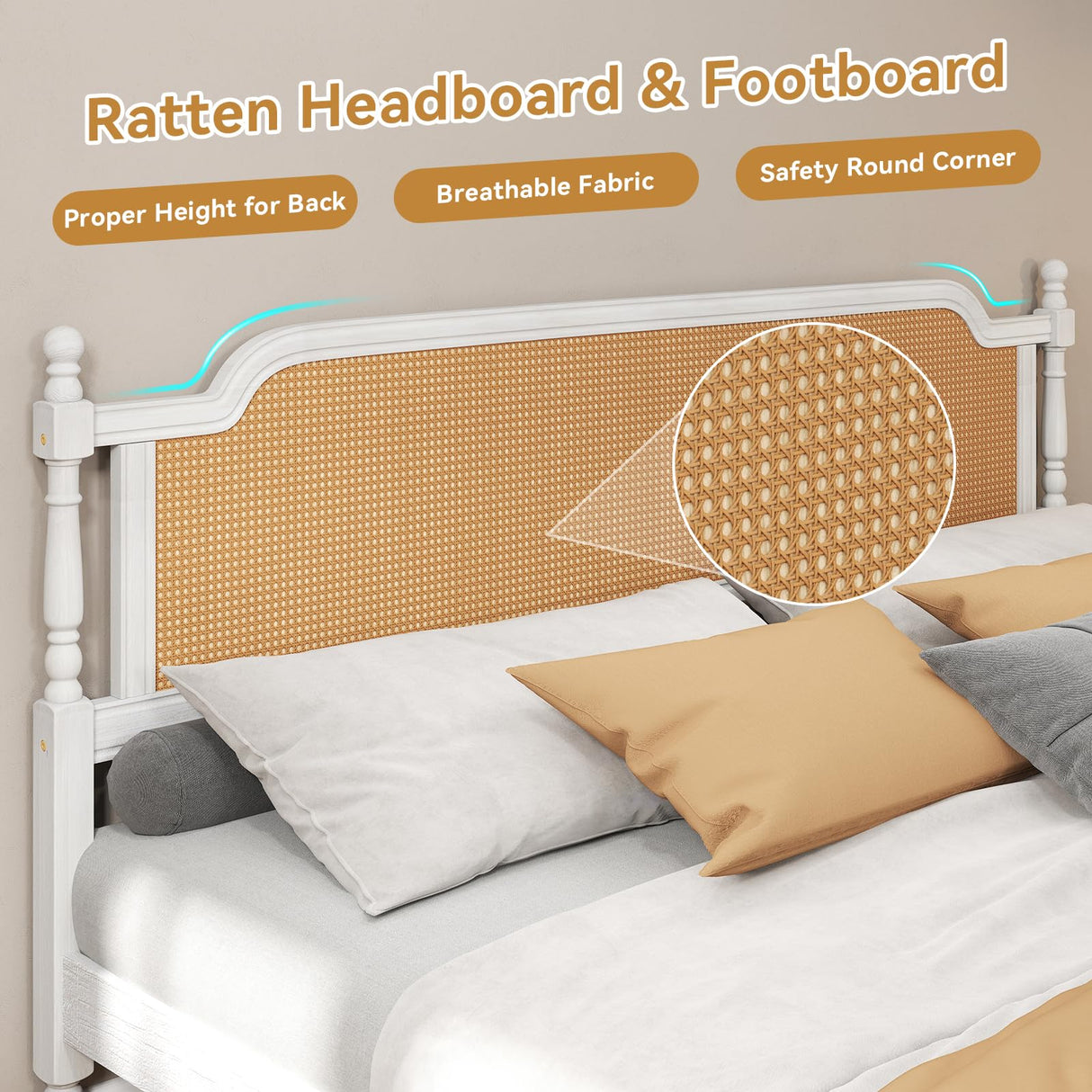 Rattan Queen Bed Frame, Queen Size Platform Bed Frame with Natural Headboard and Footboard, Boho and Mid Century Style, Solid Pine Wood, No Box Spring Needed, Easy Assembly, Antique White/Walnut WATHPUR