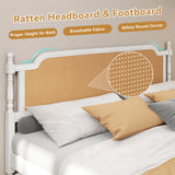 Rattan Queen Bed Frame, Queen Size Platform Bed Frame with Natural Headboard and Footboard, Boho and Mid Century Style, Solid Pine Wood, No Box Spring Needed, Easy Assembly, Antique White/Walnut WATHPUR