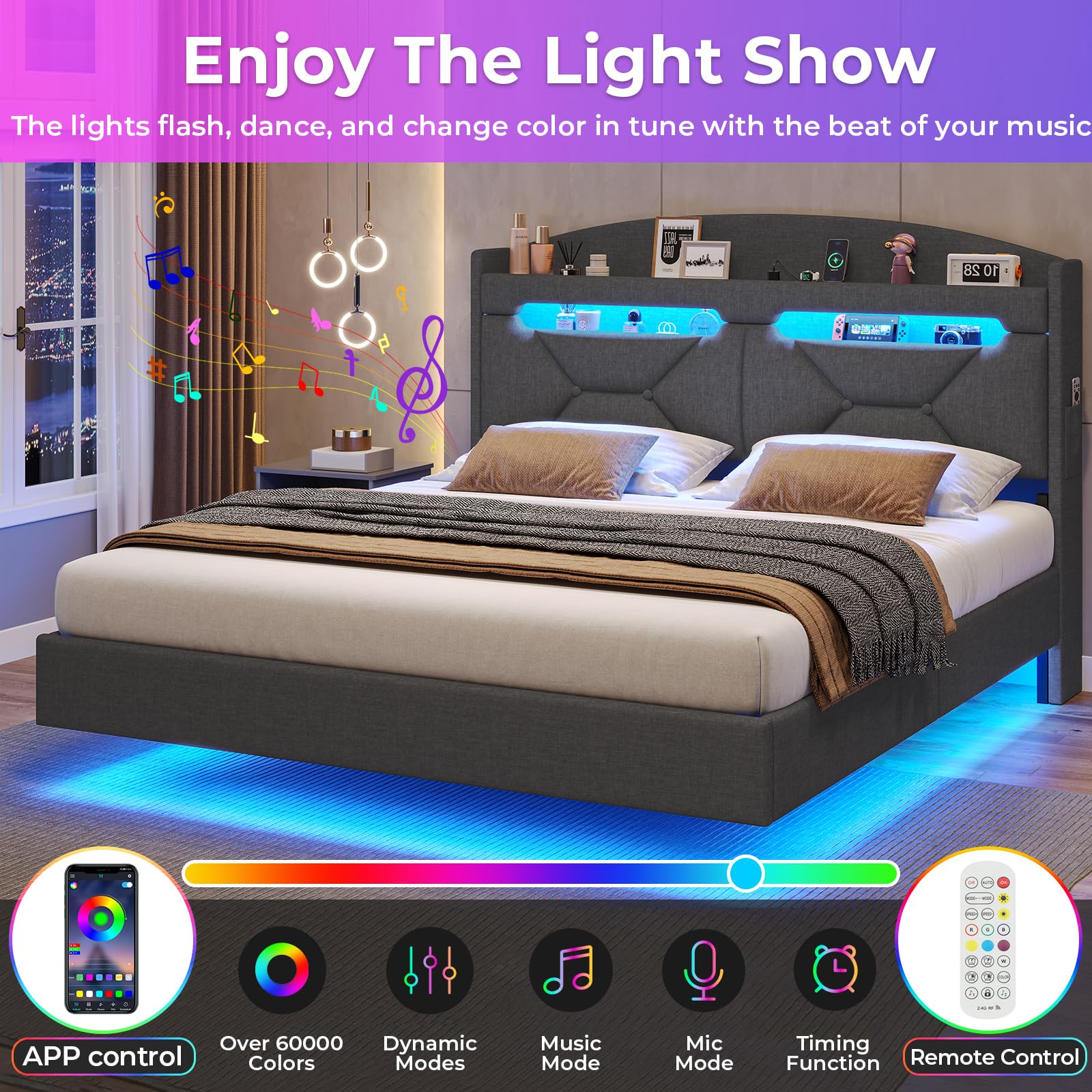 BTHFST Dark Grey Floating Queen Bed Frame with Charging Station, Hidden Storage, and RGB Lighting - WoodArtSupply